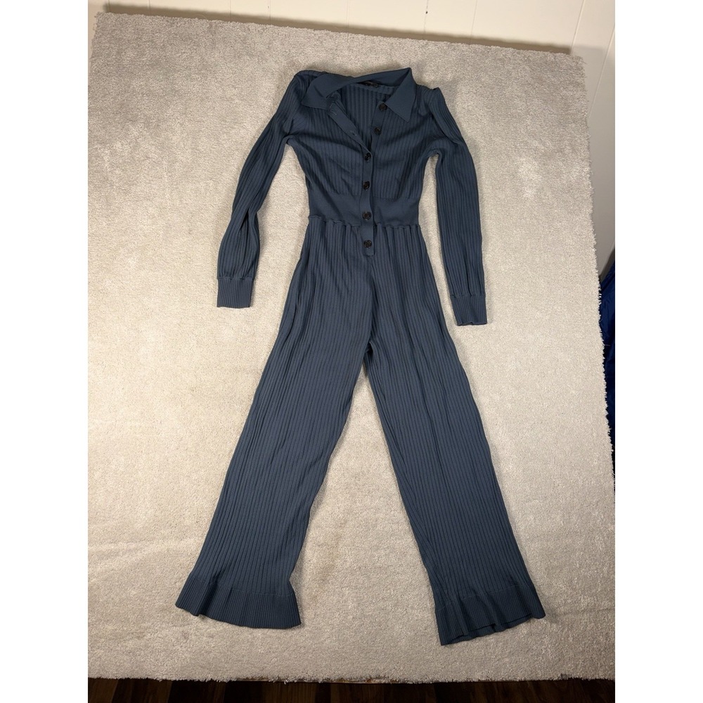J.CREW‎ Blue Knit Collared Button-Up Long Sleeve Jumpsuit Women's Size M